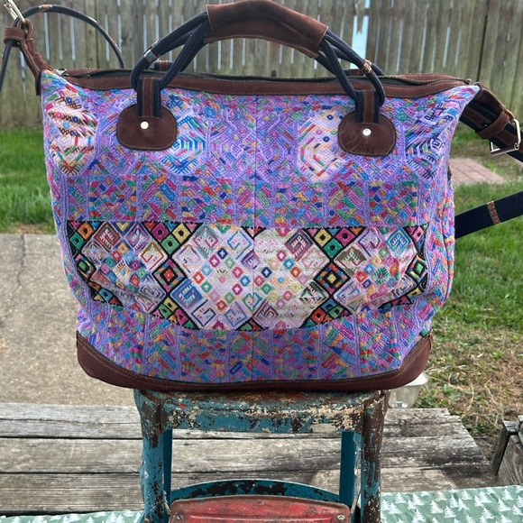 Handmade made in Guatemala Embroidered Huipil Overnight Weekend Bag Leather Boho - Picture 3 of 16